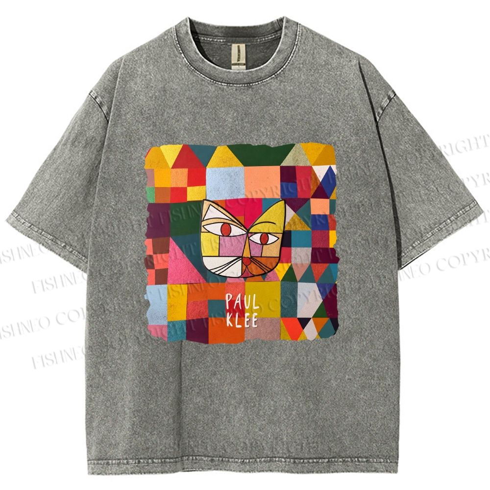 Unisex Paul Klee Geometric Cat Printed Washed Tee