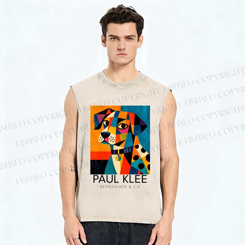 Unisex Paul Klee Geometric Dog Printed Washed Tank Top