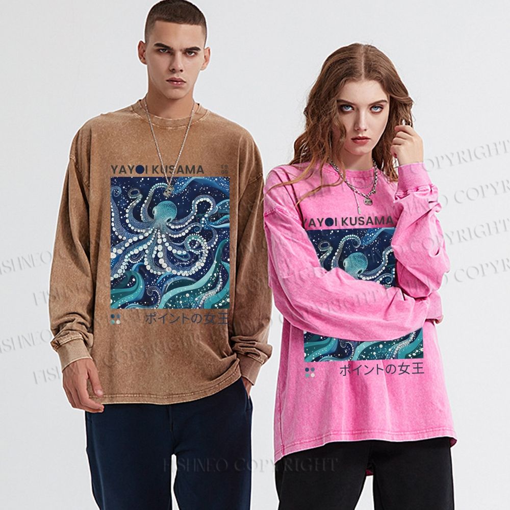 Unisex Yayoi Kusama Octopus Casual Washed Printed Long Sleeve T-shirt