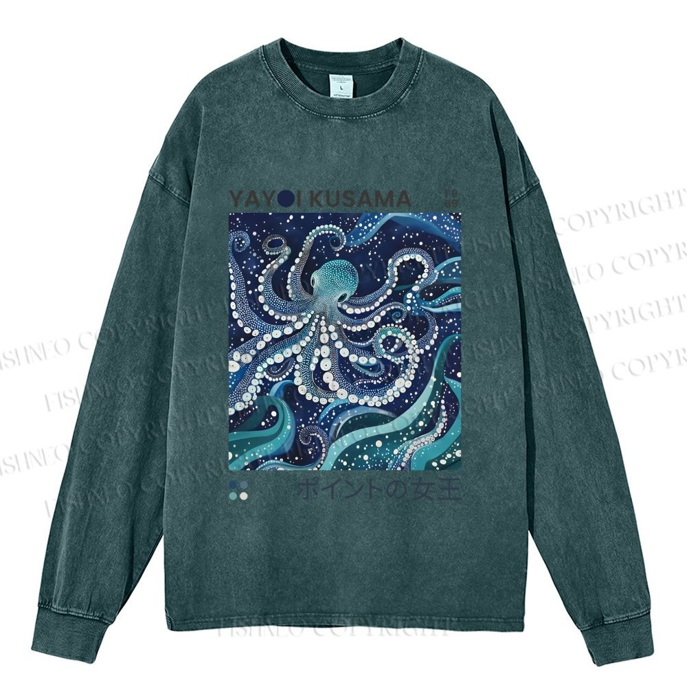 Unisex Yayoi Kusama Octopus Casual Washed Printed Long Sleeve T-shirt