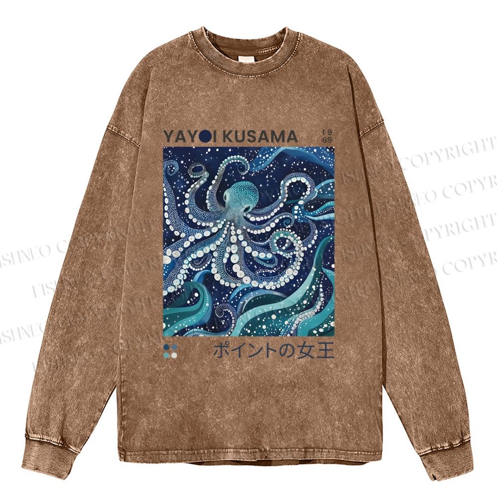 Unisex Yayoi Kusama Octopus Casual Washed Printed Long Sleeve T-shirt