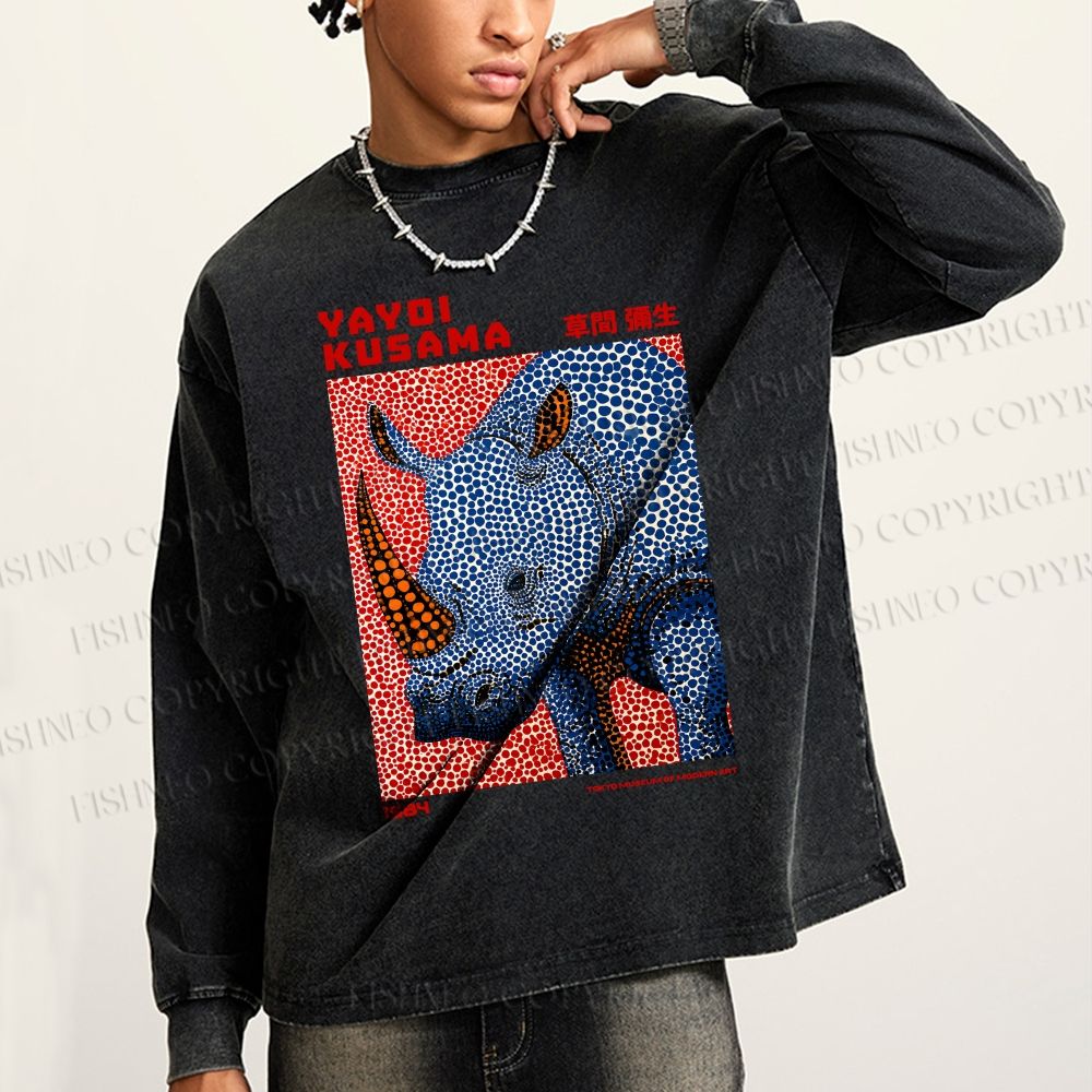 Unisex Yayoi Kusama Blue Rhino Casual Washed Printed Long Sleeve T-shirt