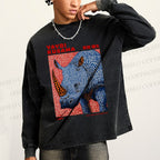 Unisex Yayoi Kusama Blue Rhino Casual Washed Printed Long Sleeve T-shirt