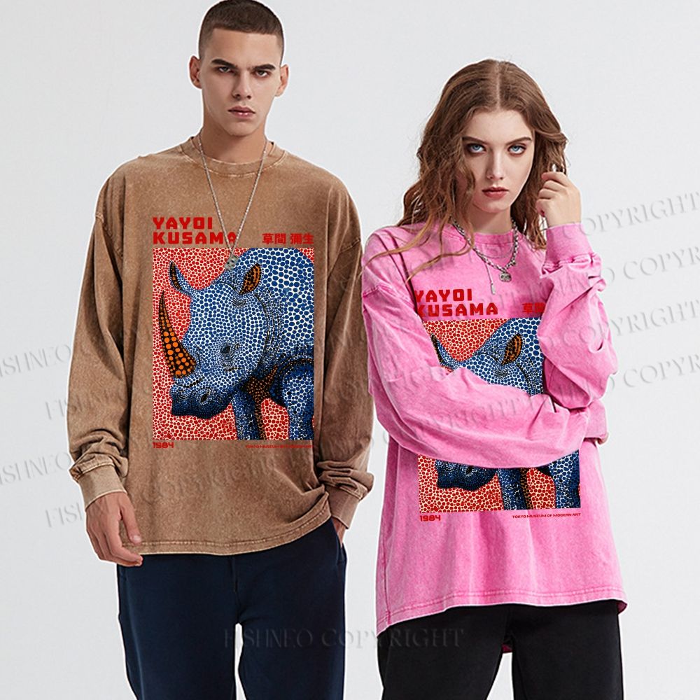 Unisex Yayoi Kusama Blue Rhino Casual Washed Printed Long Sleeve T-shirt