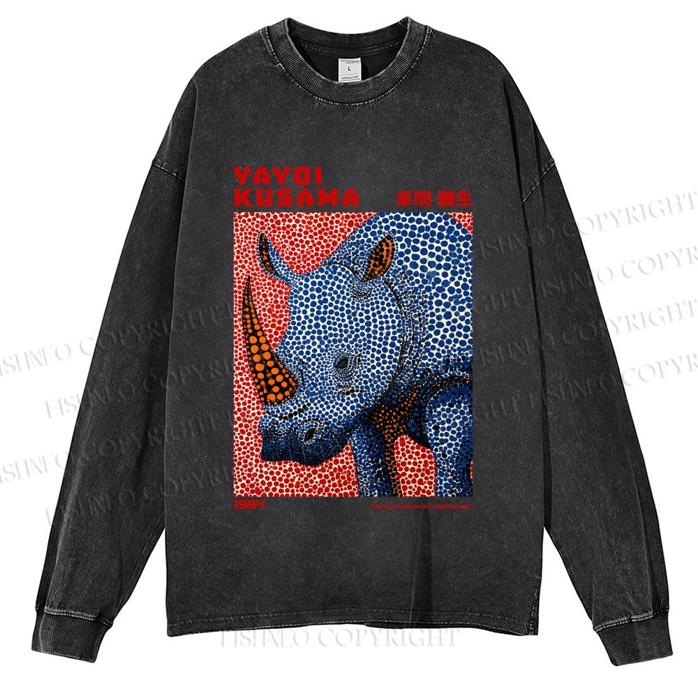 Unisex Yayoi Kusama Blue Rhino Casual Washed Printed Long Sleeve T-shirt