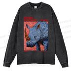 Unisex Yayoi Kusama Blue Rhino Casual Washed Printed Long Sleeve T-shirt