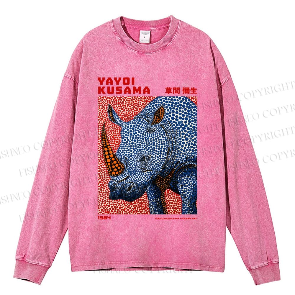 Unisex Yayoi Kusama Blue Rhino Casual Washed Printed Long Sleeve T-shirt