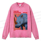 Unisex Yayoi Kusama Blue Rhino Casual Washed Printed Long Sleeve T-shirt