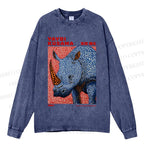 Unisex Yayoi Kusama Blue Rhino Casual Washed Printed Long Sleeve T-shirt