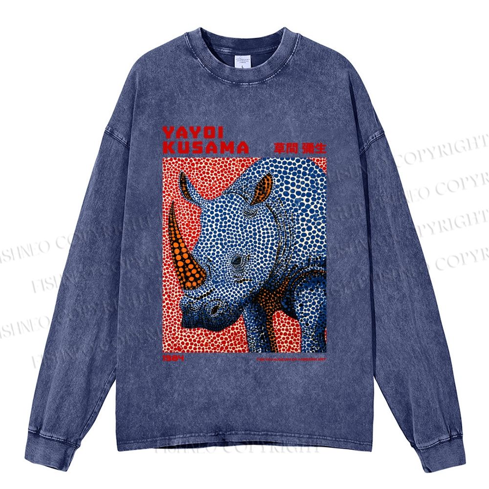 Unisex Yayoi Kusama Blue Rhino Casual Washed Printed Long Sleeve T-shirt