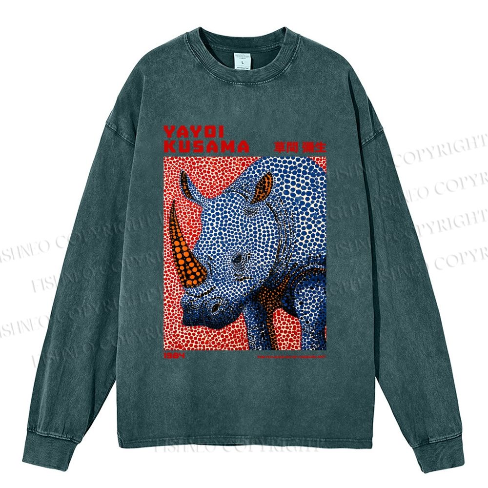 Unisex Yayoi Kusama Blue Rhino Casual Washed Printed Long Sleeve T-shirt