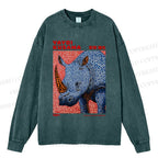 Unisex Yayoi Kusama Blue Rhino Casual Washed Printed Long Sleeve T-shirt
