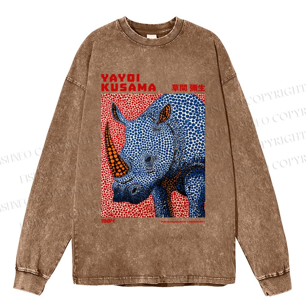 Unisex Yayoi Kusama Blue Rhino Casual Washed Printed Long Sleeve T-shirt