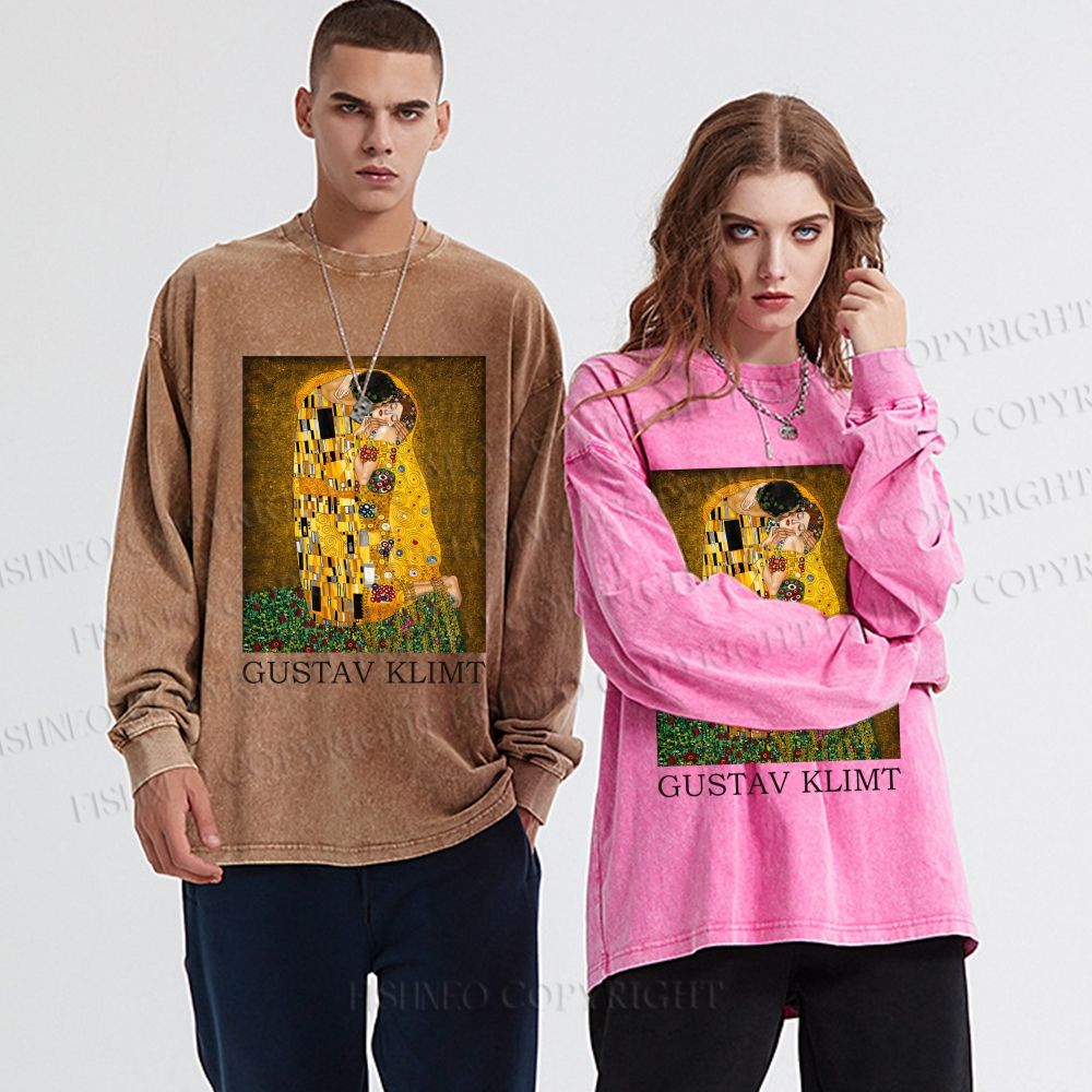 Unisex Klimt The Kiss Casual Washed Printed Long Sleeve T-shirt