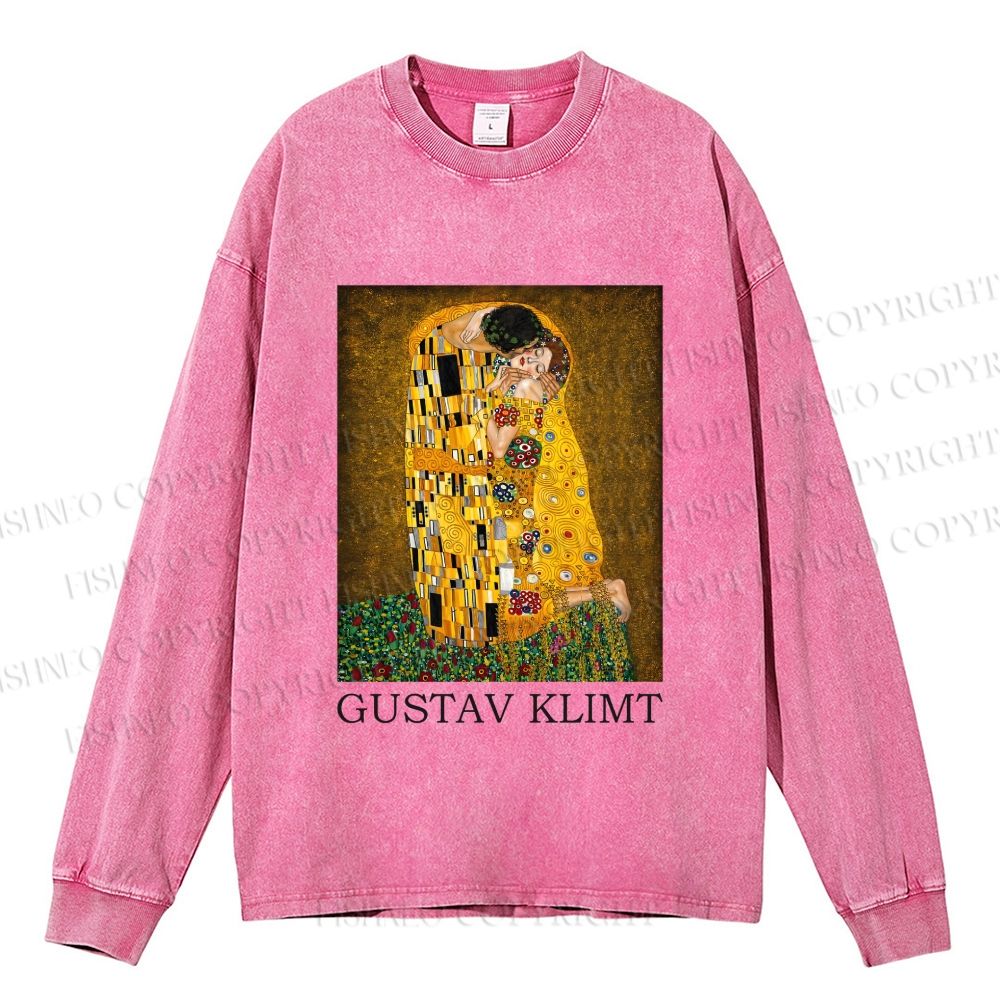 Unisex Klimt The Kiss Casual Washed Printed Long Sleeve T-shirt