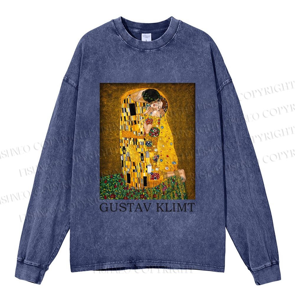 Unisex Klimt The Kiss Casual Washed Printed Long Sleeve T-shirt