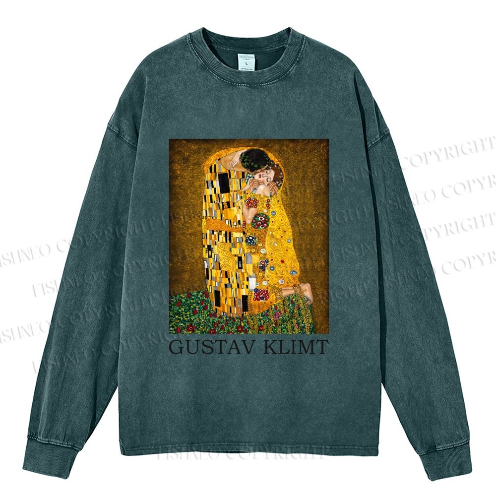 Unisex Klimt The Kiss Casual Washed Printed Long Sleeve T-shirt