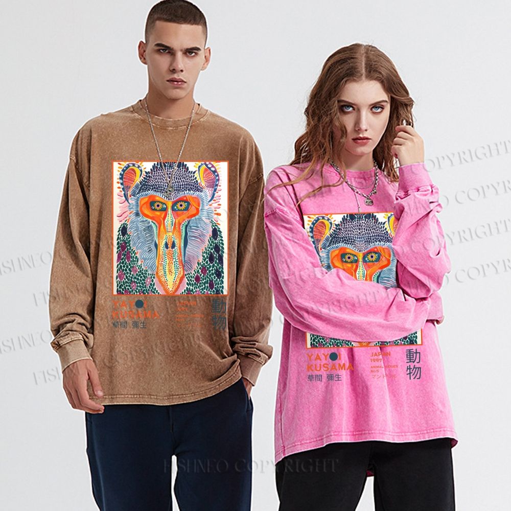 Unisex Yayoi Kusama Multicolor Monkey Casual Washed Printed Long Sleeve T-shirt