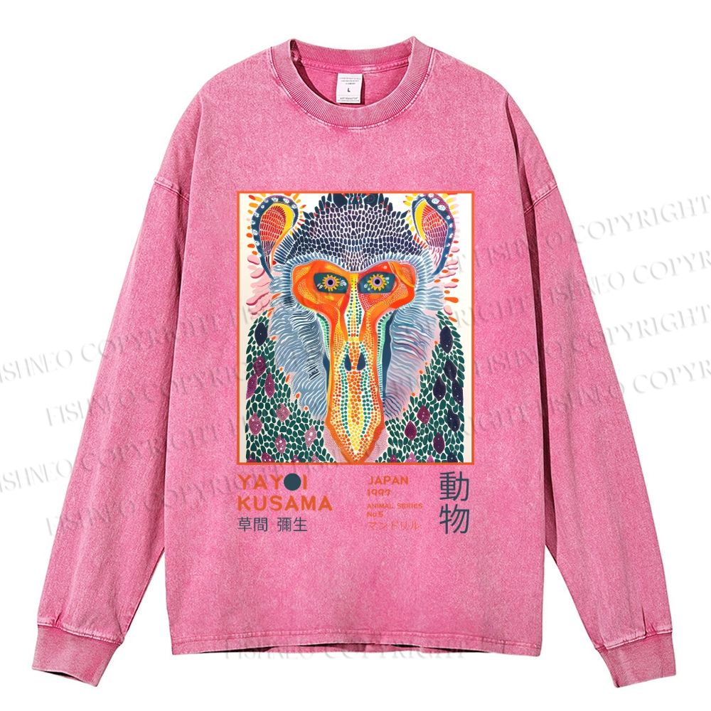 Unisex Yayoi Kusama Multicolor Monkey Casual Washed Printed Long Sleeve T-shirt