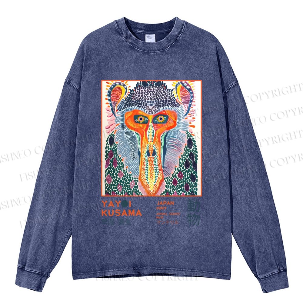 Unisex Yayoi Kusama Multicolor Monkey Casual Washed Printed Long Sleeve T-shirt