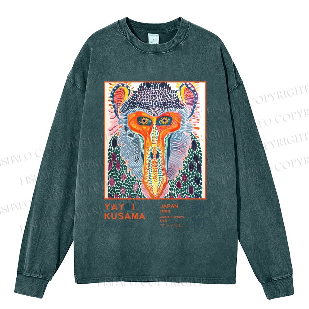 Unisex Yayoi Kusama Multicolor Monkey Casual Washed Printed Long Sleeve T-shirt