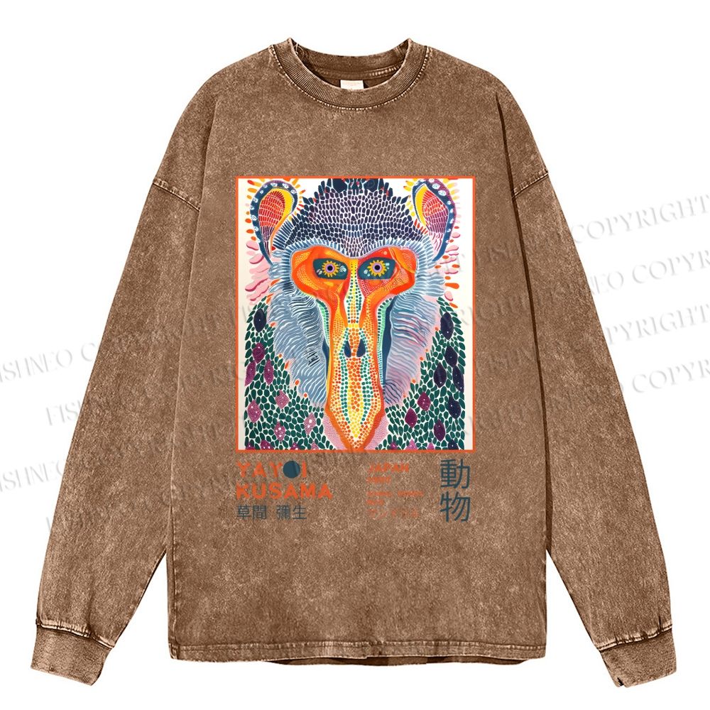 Unisex Yayoi Kusama Multicolor Monkey Casual Washed Printed Long Sleeve T-shirt