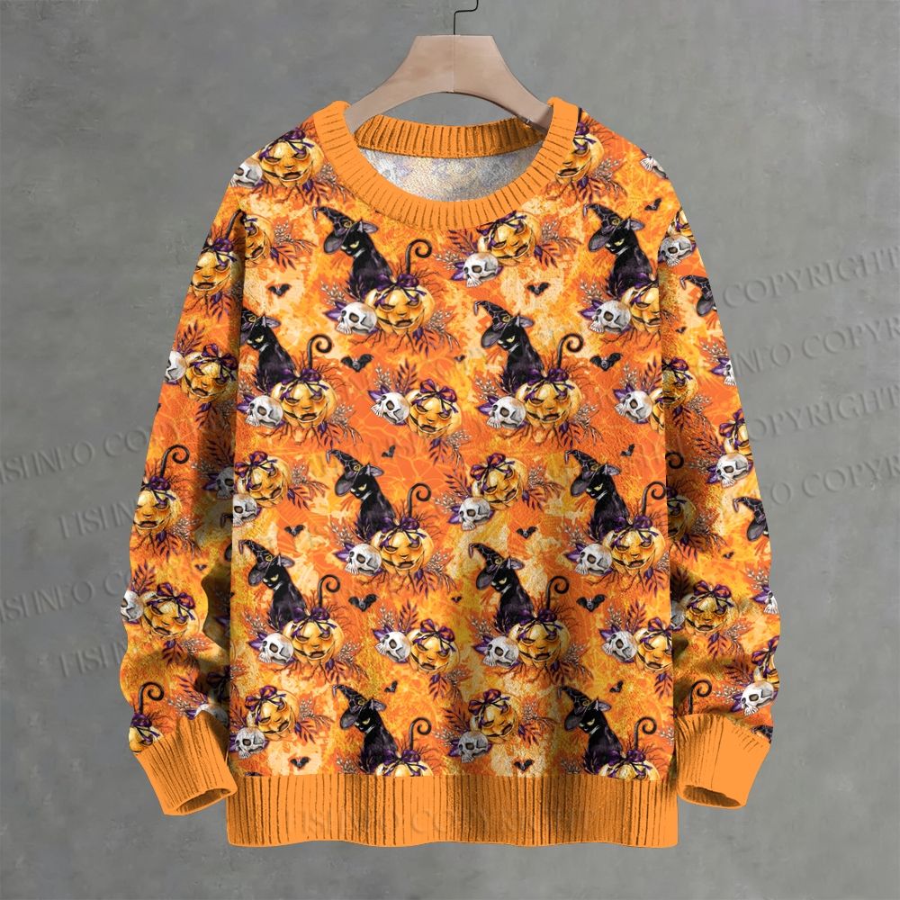 Halloween Cat And Pumpkin Crew Neck Sweater