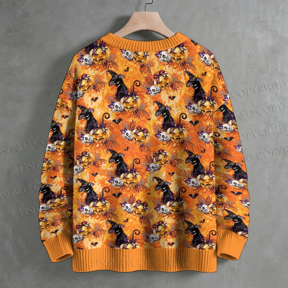 Halloween Cat And Pumpkin Crew Neck Sweater