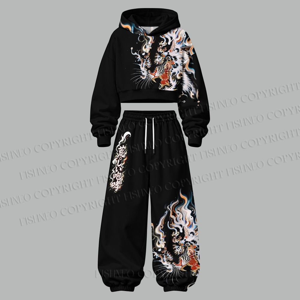 Women's A Wild Roar Cropped Long Sleeve Hoodie & High Waist Jogger Pants Two Piece Tracksuit Set