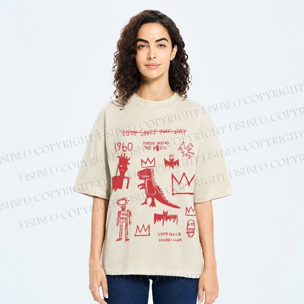 Unisex Jean-Michel Basquiat Graffiti Printed Washed Tee