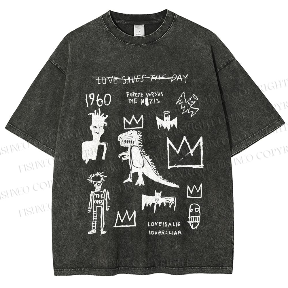 Unisex Jean-Michel Basquiat Graffiti Printed Washed Tee