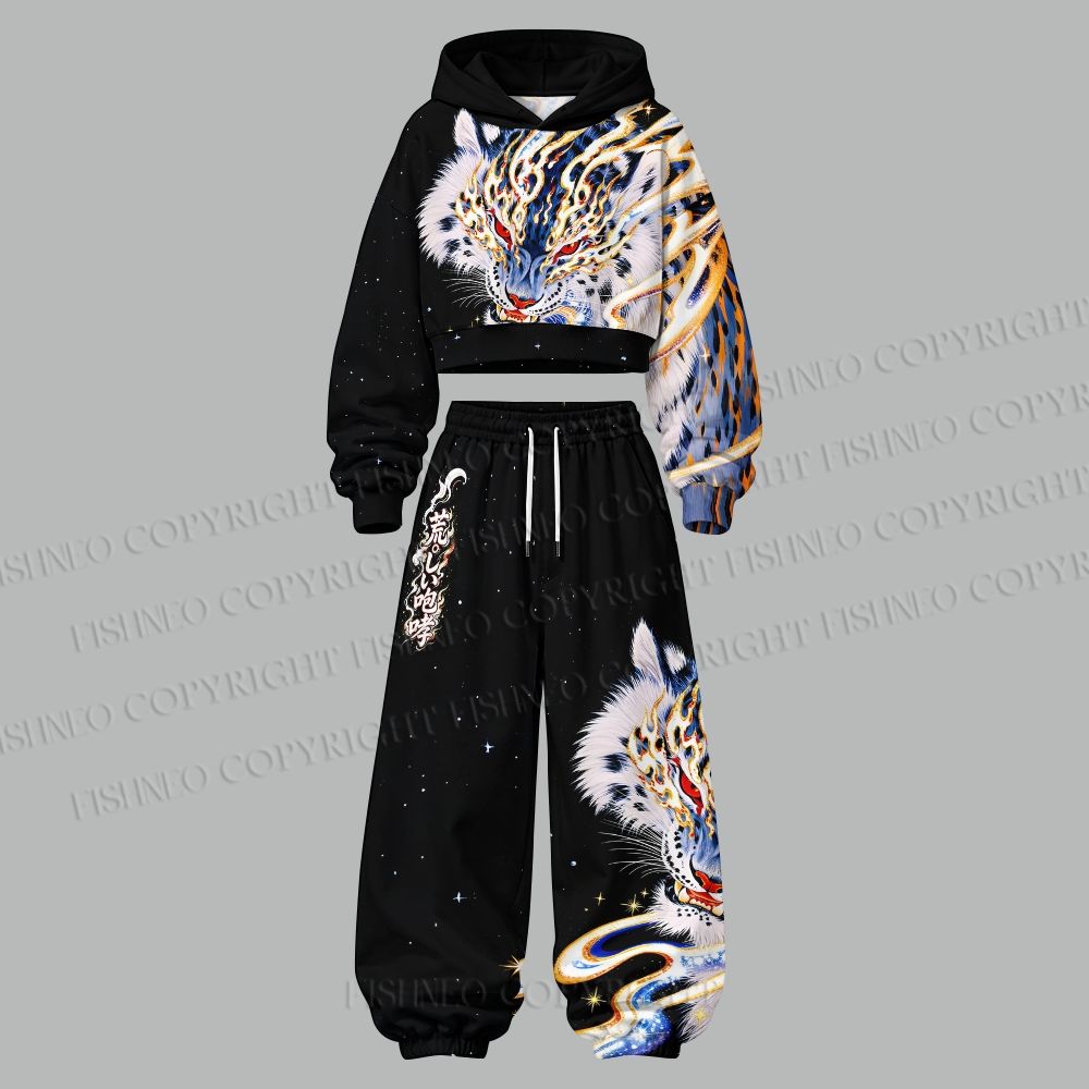 Women's A Wild Roar Cropped Long Sleeve Hoodie & High Waist Jogger Pants Two Piece Tracksuit Set