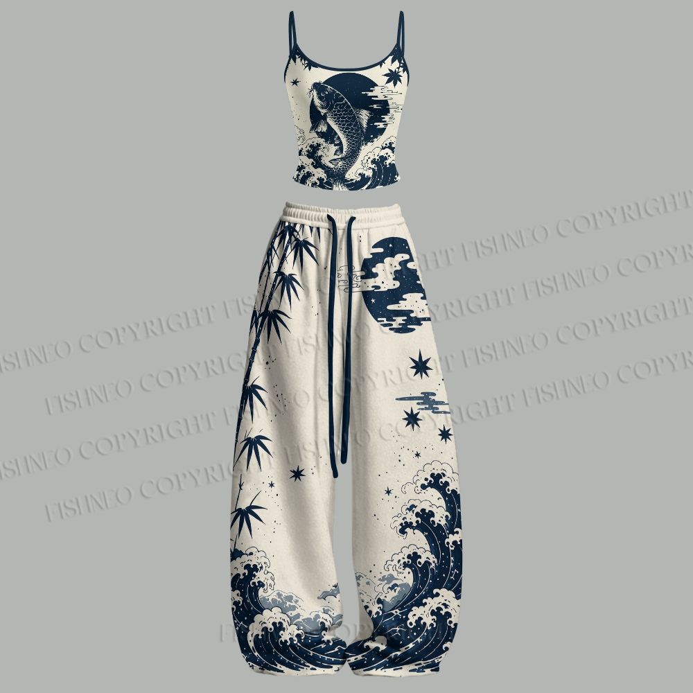 Wave Koi Ukiyo-e Top & Elasticated Trousers Two-Piece Set