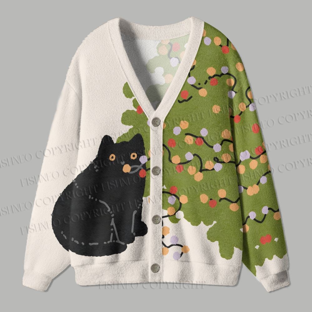 Black Cat With Christmas Tree Ugly Cardigan Sweater