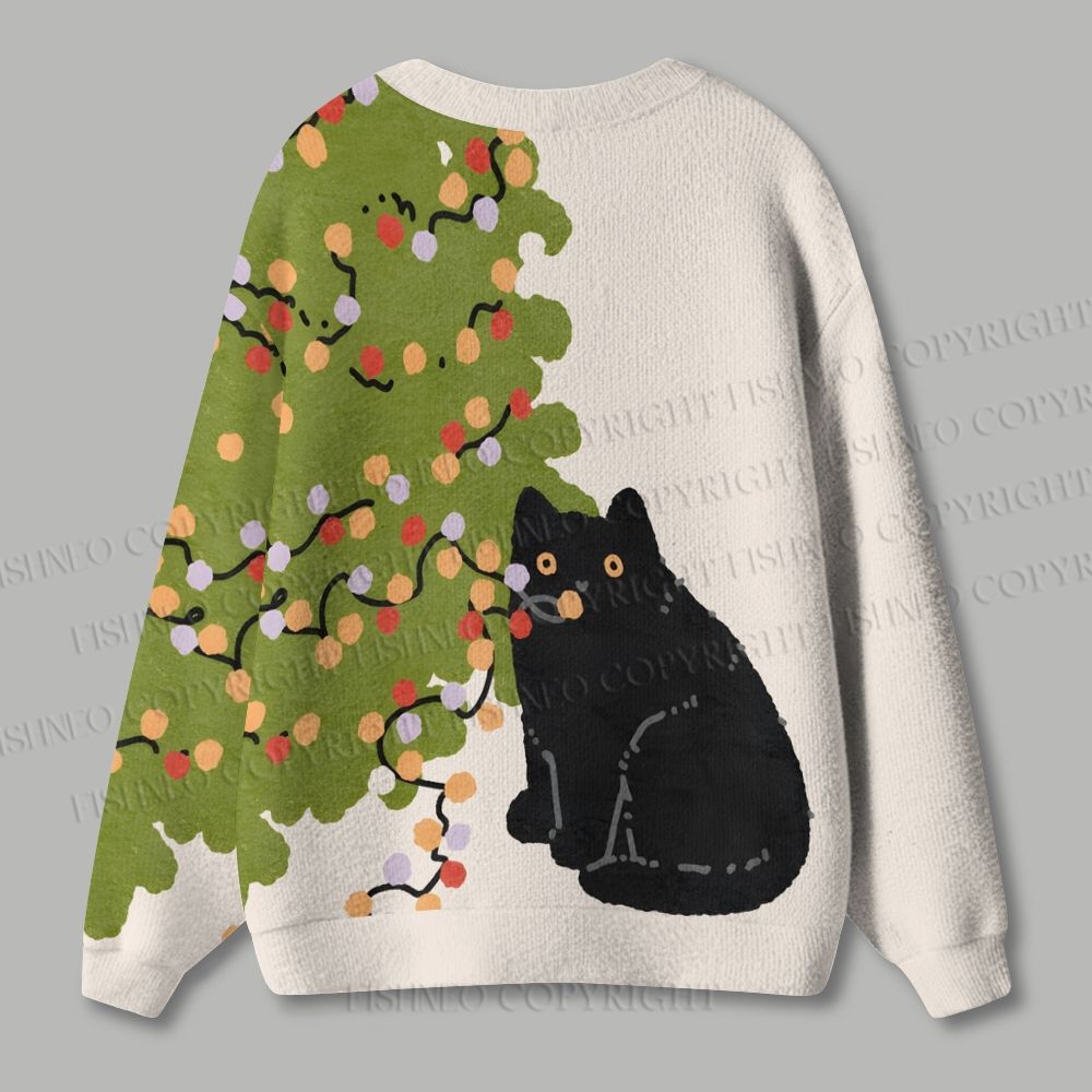 Black Cat With Christmas Tree Ugly Cardigan Sweater
