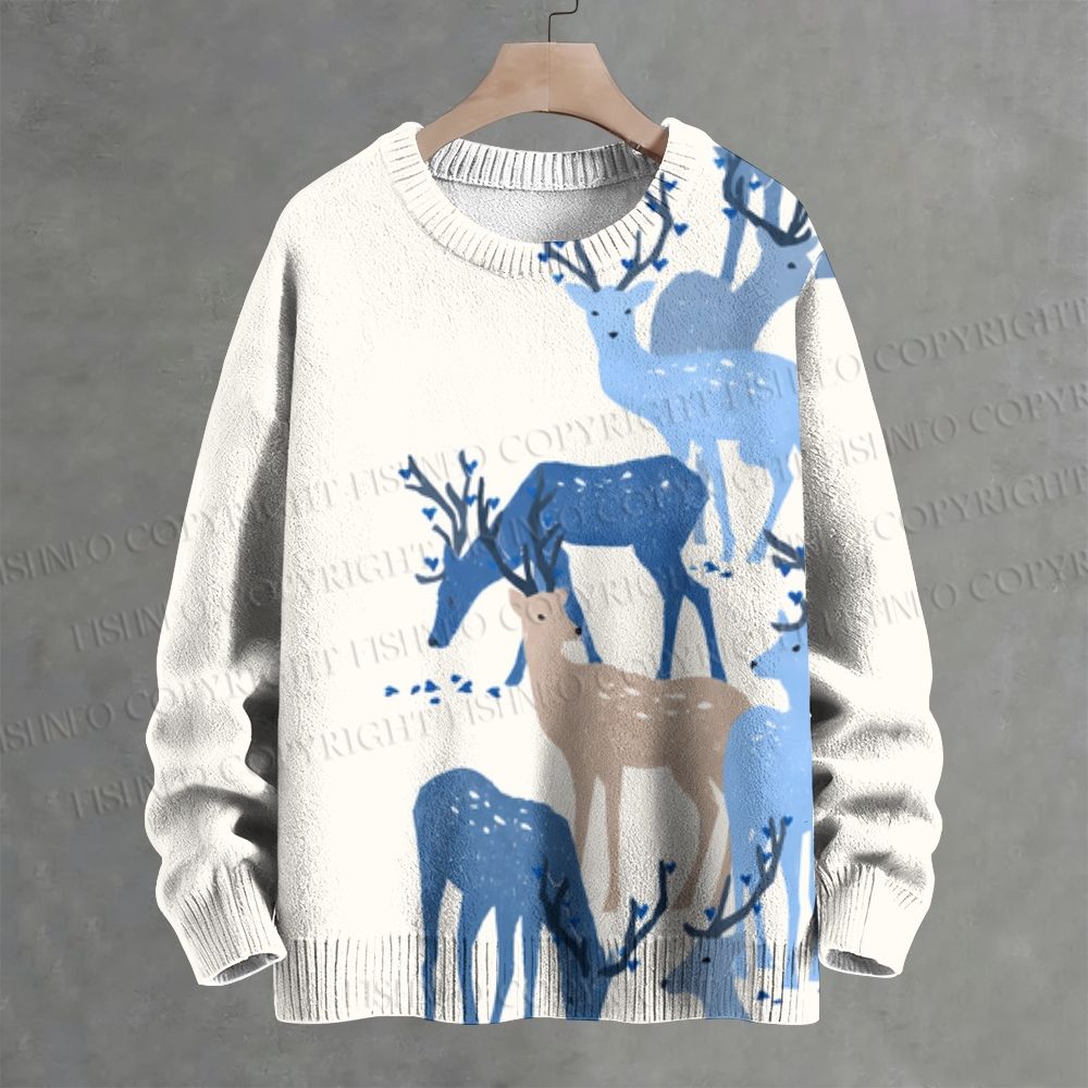 Blue Deer in Winter Crew Neck Sweater