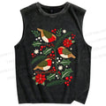 Unisex Christmas Birds Printed Washed Tank Top
