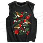 Unisex Christmas Birds Printed Washed Tank Top