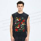 Unisex Christmas Birds Printed Washed Tank Top