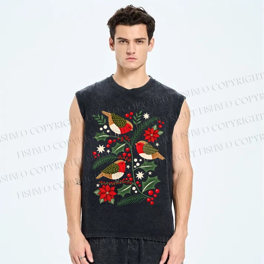 Unisex Christmas Birds Printed Washed Tank Top