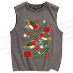 Unisex Christmas Birds Printed Washed Tank Top