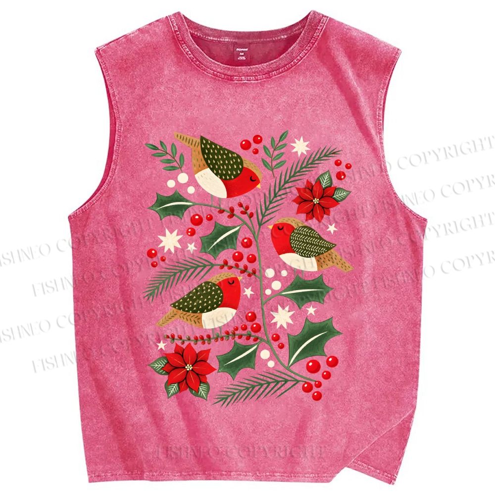 Unisex Christmas Birds Printed Washed Tank Top