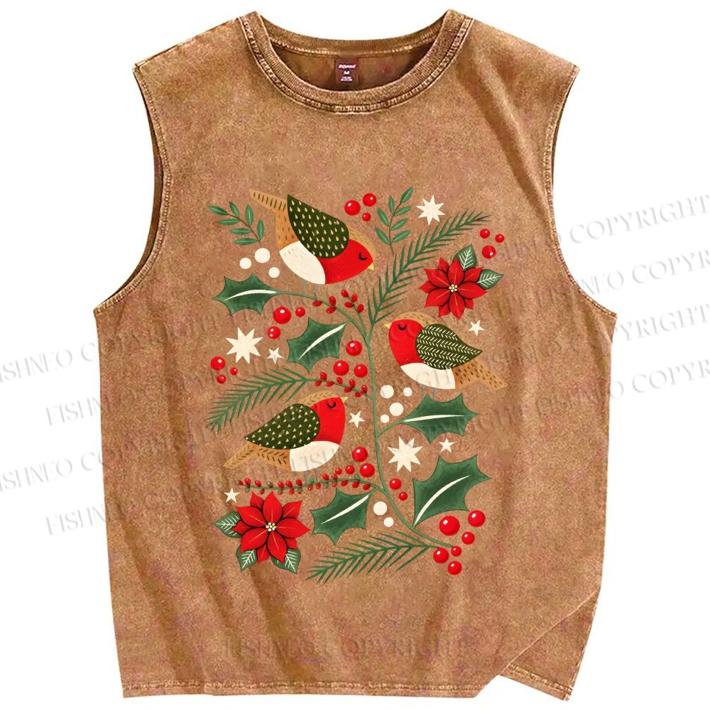 Unisex Christmas Birds Printed Washed Tank Top