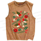 Unisex Christmas Birds Printed Washed Tank Top