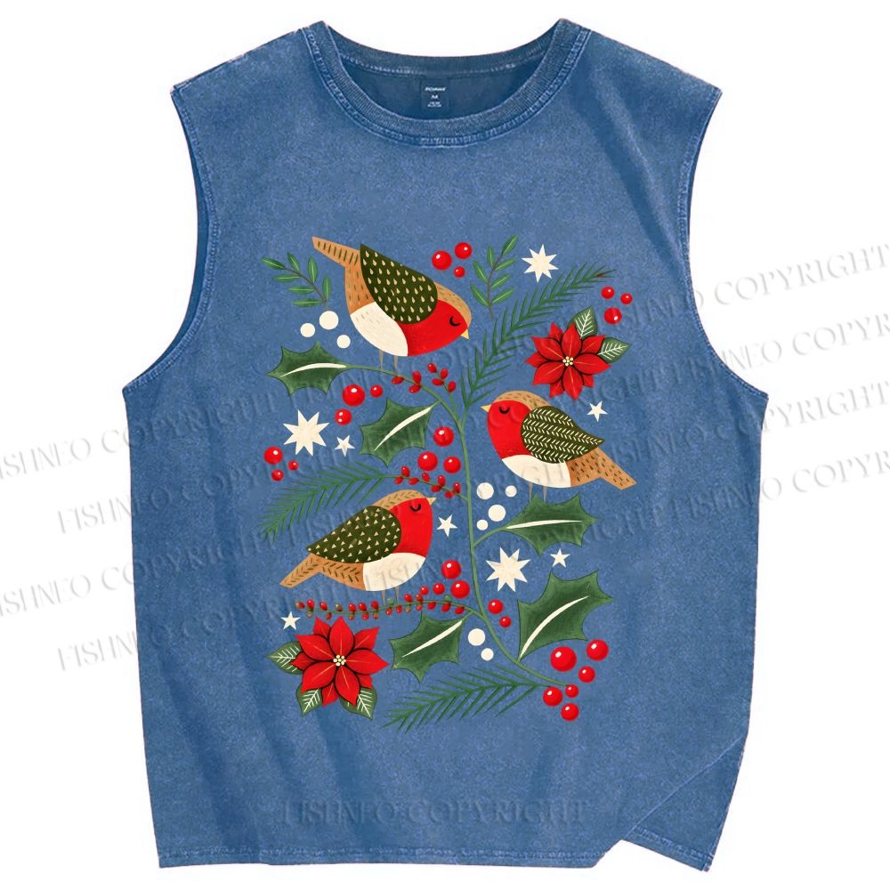 Unisex Christmas Birds Printed Washed Tank Top
