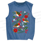 Unisex Christmas Birds Printed Washed Tank Top