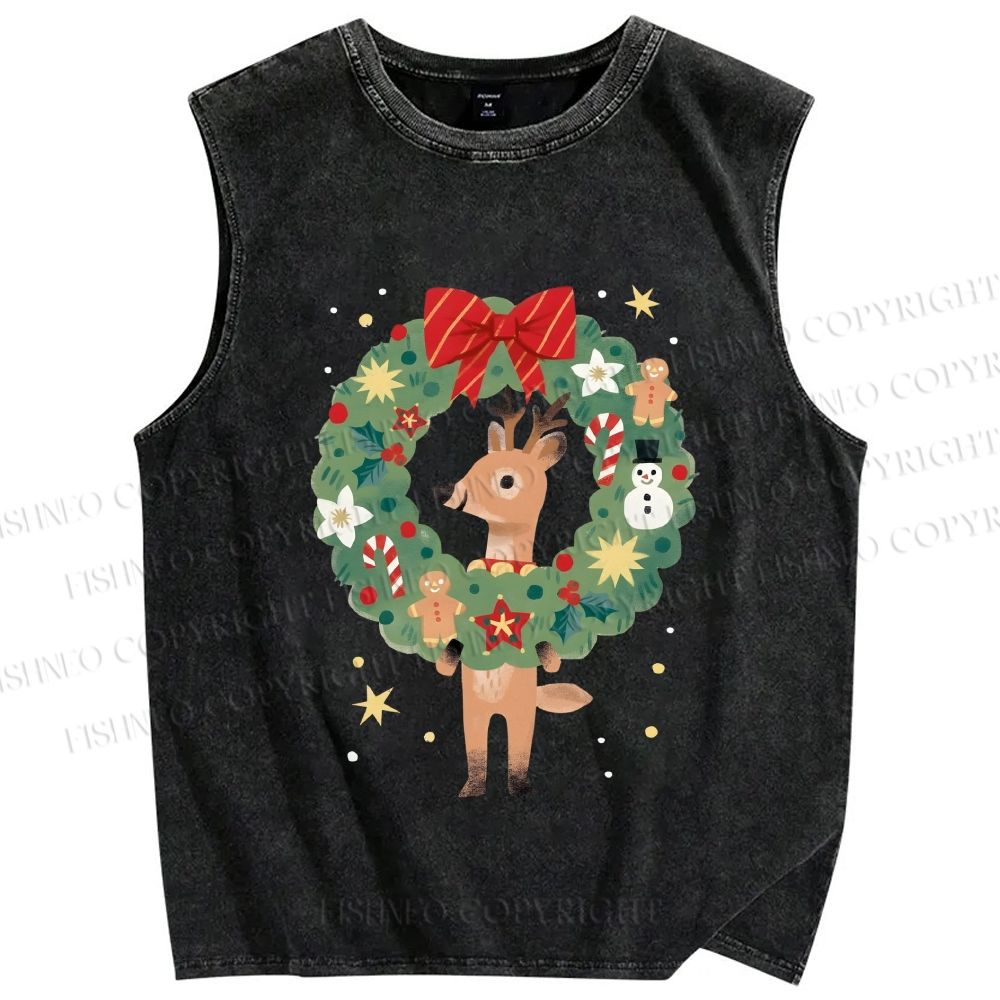Unisex Deer in Christmas wreath Printed Washed Tank Top