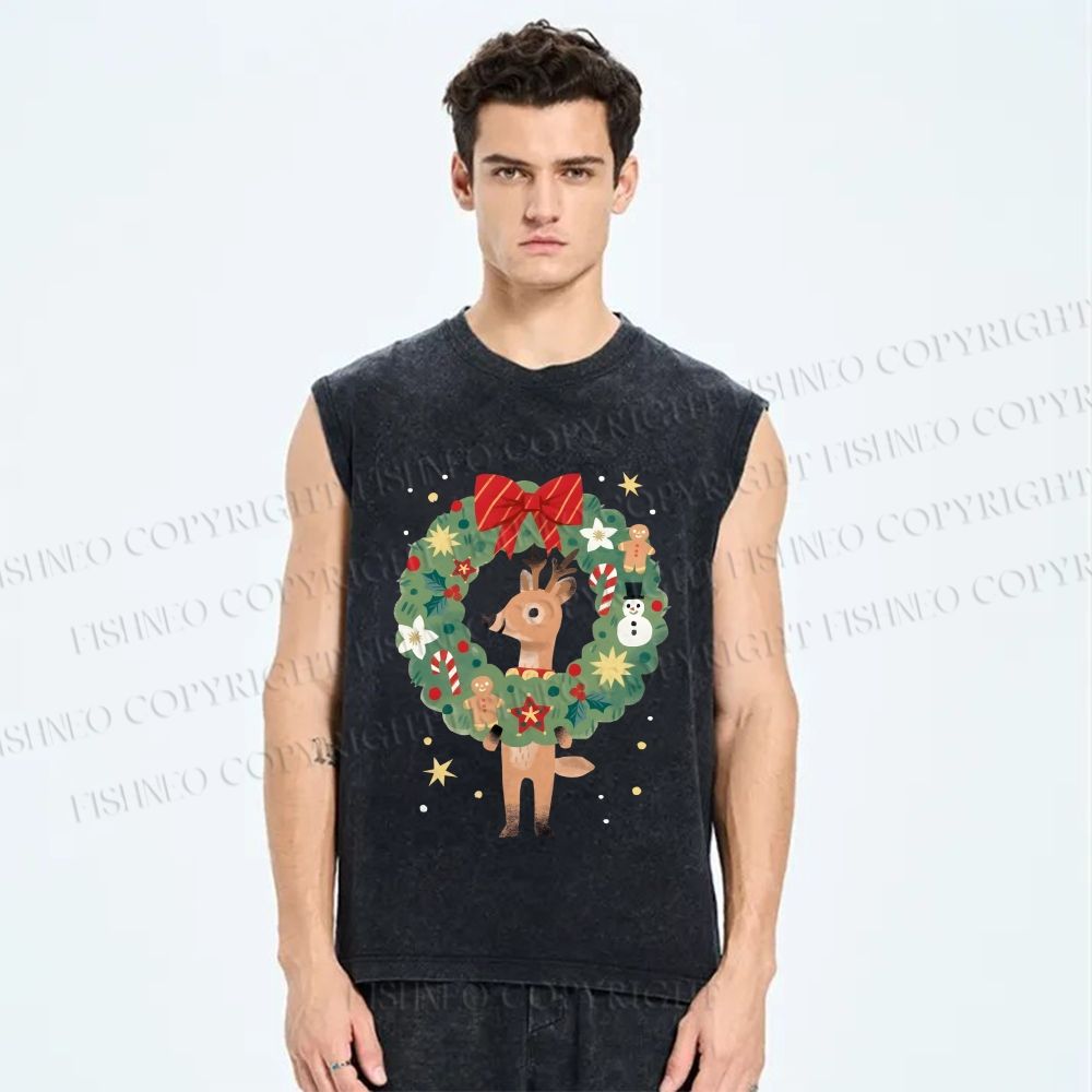 Unisex Deer in Christmas wreath Printed Washed Tank Top