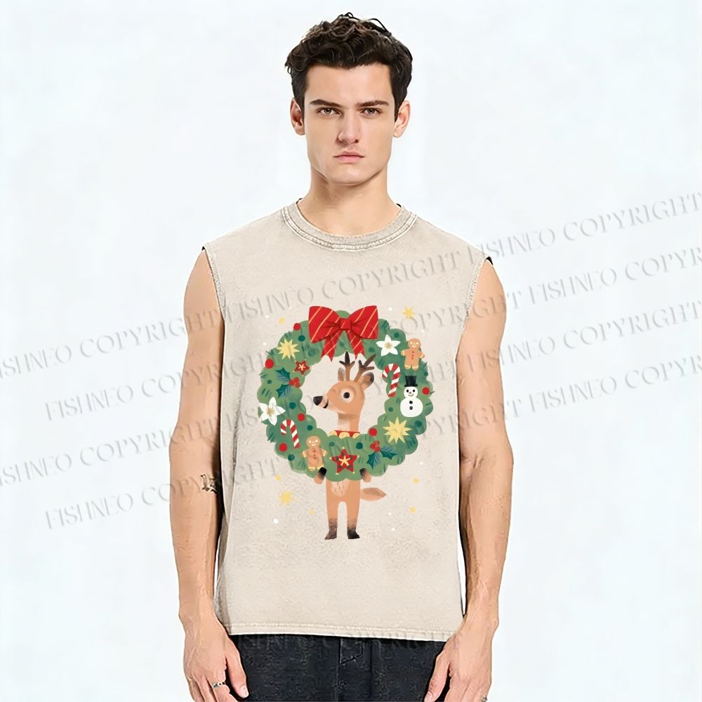 Unisex Deer in Christmas wreath Printed Washed Tank Top