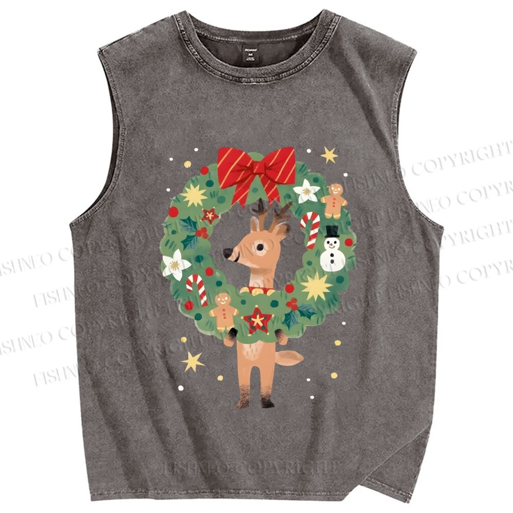 Unisex Deer in Christmas wreath Printed Washed Tank Top